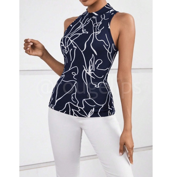 Abstract Face Print Navy Blue Sleeveless Top Slim Fit High Neck - Picture 6 of 8